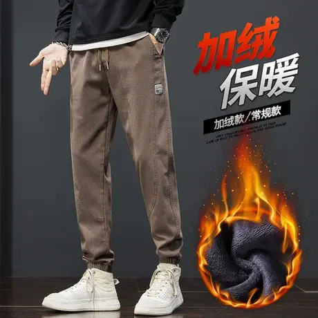 冬季加绒加厚骑行防寒一体绒男士工装秋冬款痞帅束脚休闲裤子冬裤商品大图