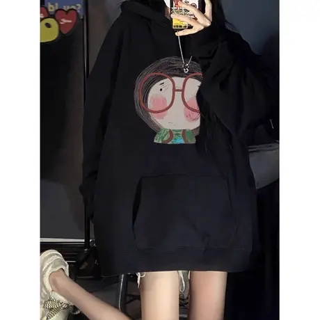 洋气时髦卡通连帽卫衣女秋冬bf慵懒风加绒加厚韩版宽松上衣外套潮图片