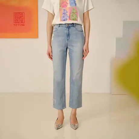 EP雅莹高端系列 时尚破洞绣花棉质直筒牛仔裤 2023夏装新款J603A图片