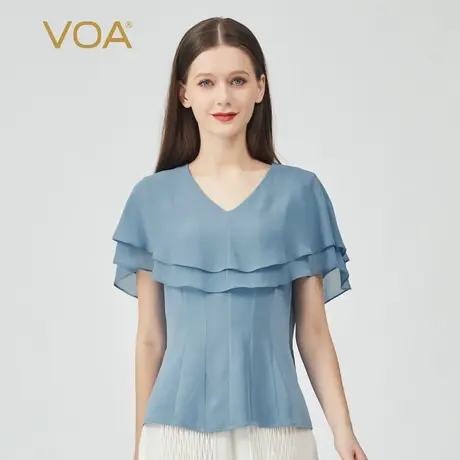 VOA真丝30姆米重磅竹月蓝V领短袖荷叶边做旧工艺飘带桑蚕丝T恤图片