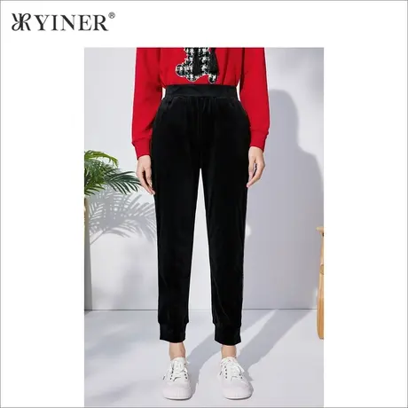 音儿美地女装2022冬季新款丝绒垂感侧缝拼织带直筒休闲裤图片