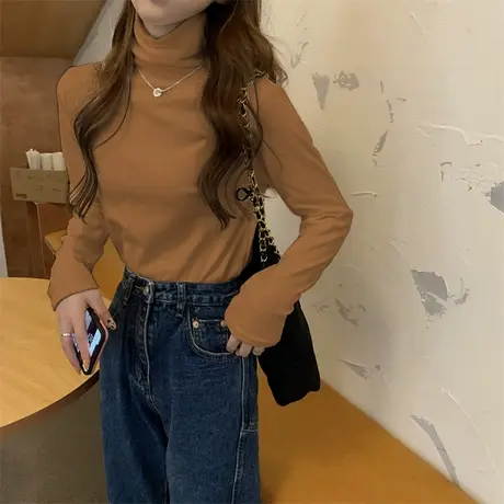 2023秋冬季新款白色内搭加绒德绒洋气半高领打底衫长袖t恤女上衣商品大图