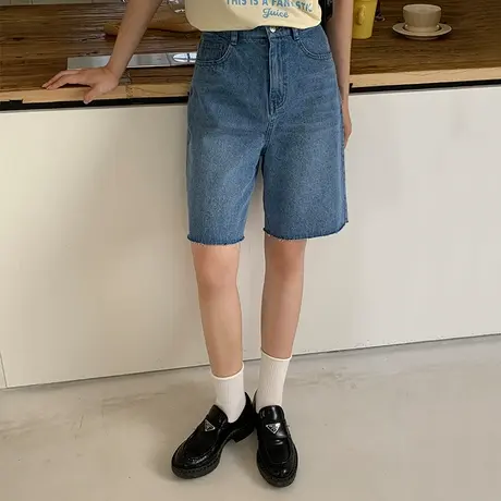 omont蛋挞家牛仔短裤夏季女薄款小个子显瘦直筒高腰a字裤五分裤图片