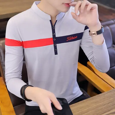长袖男v领t恤个性潮秋装男士上衣纯棉体恤新款立领Polo衫韩版修身商品大图
