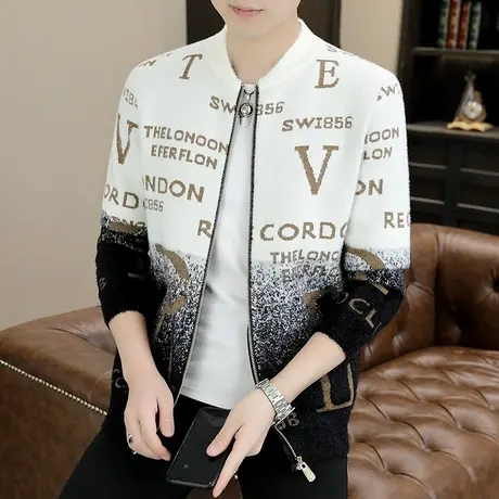 大码毛衣开衫男士外套潮流个性修身渐变色提花字母针织衫毛线衣男商品大图