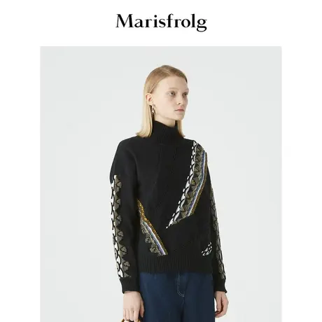 【言选好物】玛丝菲尔女装冬季新款黑色高领宽松外穿毛衣薄款商品大图