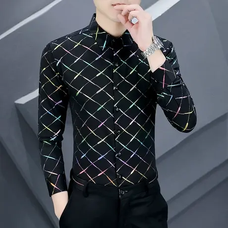 衬衣男长袖春季个性烫金时髦发型师网红夜场韩版帅气精神亮面衬衫商品大图