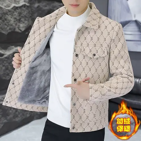 冬季帅气加绒加厚短款工装呢子夹克男装潮流保暖休闲毛呢大衣外套商品大图