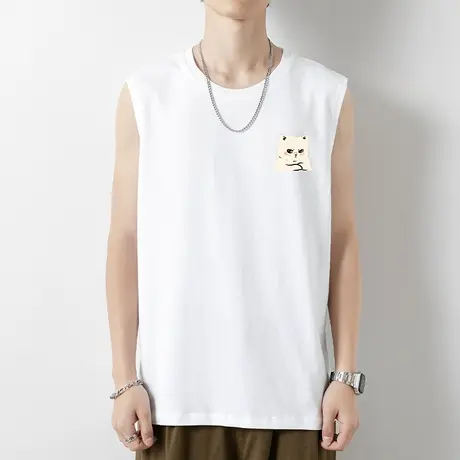 纯棉白色背心男潮夏季外穿无袖t恤跨栏运动健身篮球坎肩宽肩汗衫商品大图