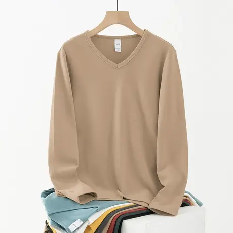 德绒长袖t恤男装V领纯色上衣服双面绒保暖秋冬潮流内搭打底衫秋衣商品大图