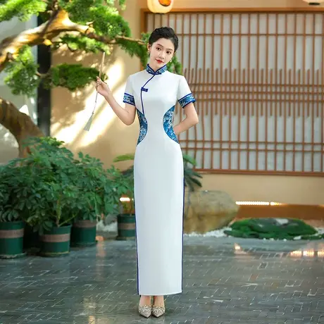 苏雅琪青花瓷长款红色白色改良迎宾礼仪旗袍裙舞台走秀旗袍演出服商品大图