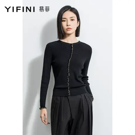 Yifini/易菲圆领长袖休闲薄款针织衫女春秋新款显瘦打底毛衫商品大图