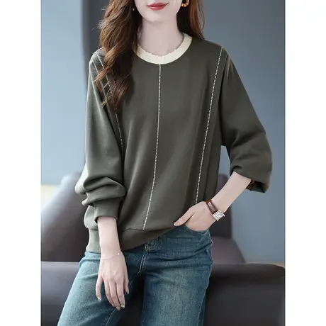 宝诗黎拼接圆领刺绣宽松慵懒卫衣女春秋上衣2024新款棉质休闲女装商品大图