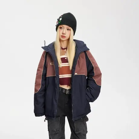复古拼接连帽保暖棉服女冬季2023新款爆款加厚外套宽松设计感棉衣商品大图