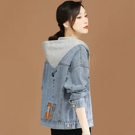 韩潮袭人刺绣连帽牛仔外套女2024春季新款百搭外套长袖上衣棒球服图片