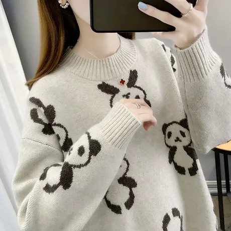 秋装女2023年新款毛衣半高领软糯提花卡通小熊针织上衣女宽松外穿商品大图