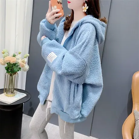 蓝色加绒加厚连帽羊羔毛卫衣外套女2023秋冬新款宽松百搭休闲上衣图片