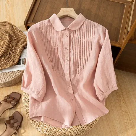 享永子七分袖苎麻衬衫法式琴褶文艺复古宽松棉麻上衣2024夏季新款商品大图
