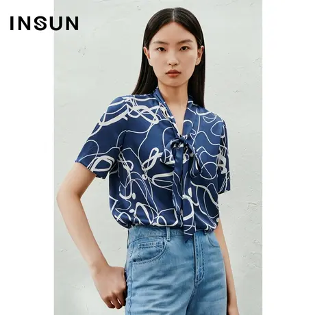 INSUN恩裳线上专选夏季水波纹印花飘带桑蚕丝衬衫商品大图