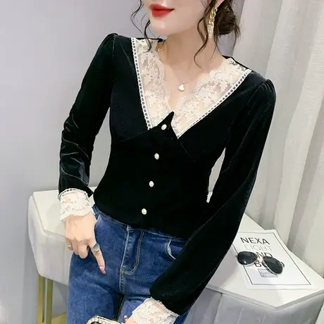 蕾丝拼接打底衫女春秋2024新款性感V领金丝绒上衣洋气欧货T恤长袖图片