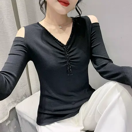 性感露肩打底衫女长袖2024春秋新款时尚V领钉珠T恤百搭修身上衣潮商品大图