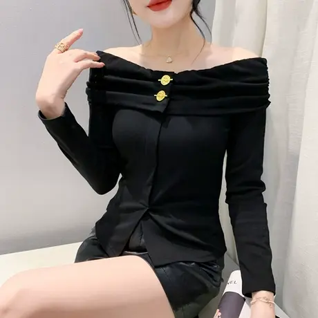 气质一字领打底衫女长袖2024秋新款性感露肩修身上衣时尚分叉T恤商品大图