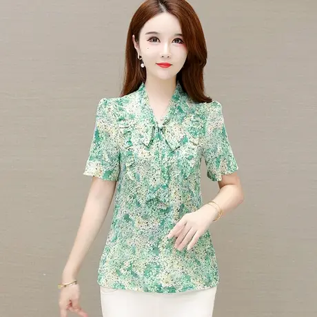 碎花雪纺衫上衣女短袖2023年新款夏季小衫洋气妈妈大码显瘦遮肚子商品大图