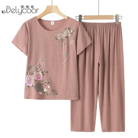 妈妈装夏装棉绸套装印花中老年女装奶奶短袖休闲宽松老人夏天衣服图片