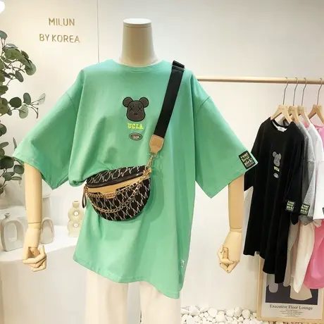 2021早春夏新款韩国东大门ins刺绣小熊宽松BF中长款T恤欧货潮大码图片