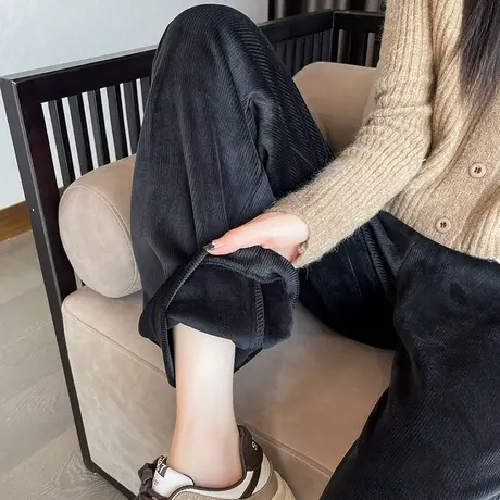 加绒雪尼尔灯芯绒阔腿裤女秋冬高腰黑色加厚宽松休闲条绒直筒裤子图片