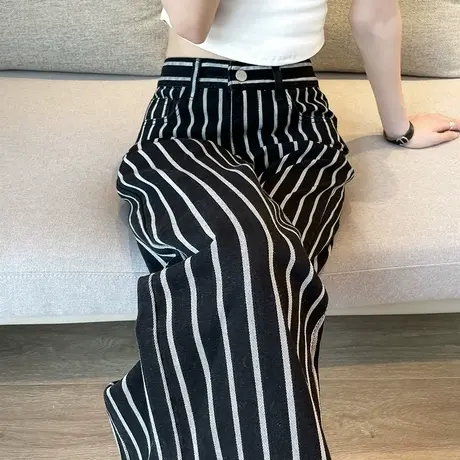 竖条纹窄版黑色阔腿牛仔裤女春秋2023新款高腰遮胯直筒宽松拖地裤商品大图