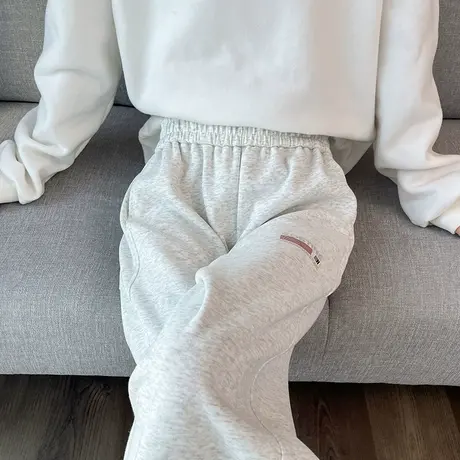 灰白休闲阔腿裤女2023秋冬新款松紧腰宽松直筒显瘦垂感百搭卫裤子图片