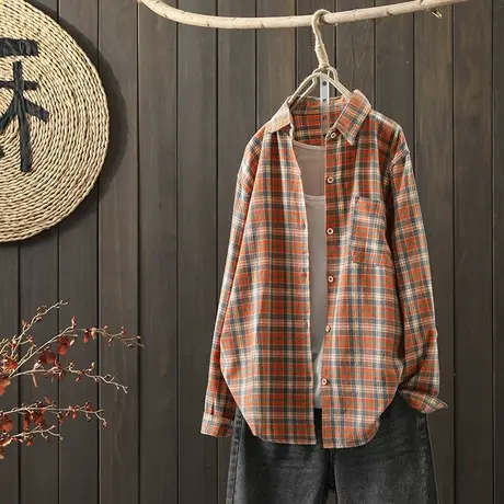 枫谜2021年秋装新款文艺格子长袖衬衫女宽松显瘦休闲翻领上衣衬衣商品大图