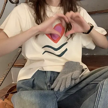 短袖t恤女夏季设计感小众半袖洋气宽松韩版bf慵懒风ins超火上衣服图片