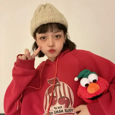 红续vintage美式复古酒红色加绒卫衣女oversize冬季宽松百搭上衣图片