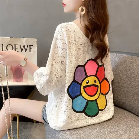 网红ins超火短袖t恤女夏韩版宽松中长款蕾丝镂空v领体桖上衣服潮商品大图