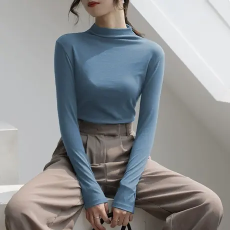 2024新款春秋冬季新款半高领打底衫白色内搭洋气长袖t恤女上衣服商品大图