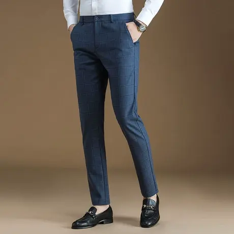 powo休闲裤男士商务修身蓝色格纹小脚西装裤春季韩版免烫西裤男图片