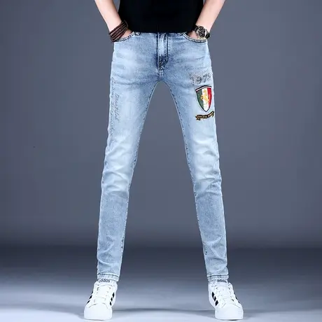 欧洲站刺绣牛仔裤男款修身小脚裤子2023高端品牌休闲弹力秋冬高档商品大图
