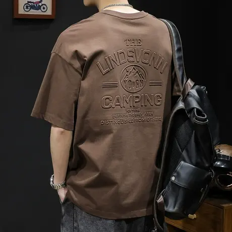 美式钢印短袖t恤男士潮牌大码夏季2024新款衣服男款纯棉男装体恤商品大图