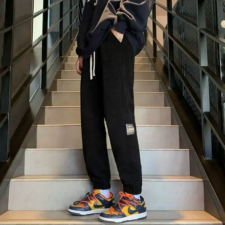 束脚运动裤子男款灯芯绒卫裤男士秋冬季潮牌宽松直筒加绒休闲长裤商品大图