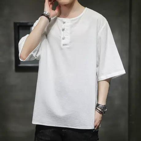 夏季男短袖T恤中国风大码盘扣五分袖潮青年宽松男装半截袖上衣服商品大图
