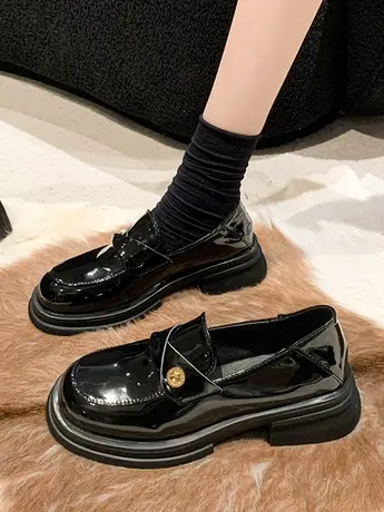 小众一脚蹬金币英伦乐福鞋女2023新款秋季懒人粗跟单黑色小皮鞋商品大图