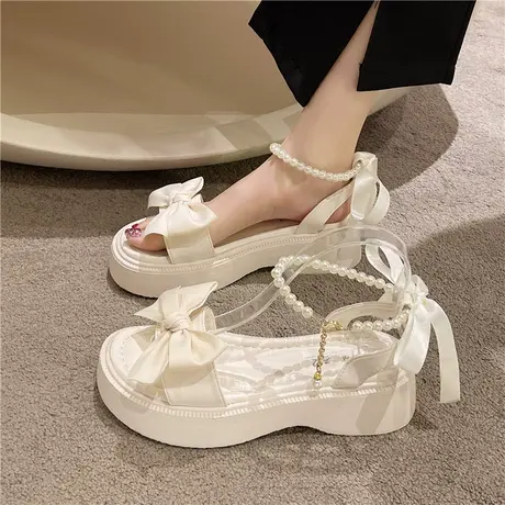 凉鞋女2024新款夏季蝴蝶结仙女风厚底珍珠一字带时尚露趾罗马女鞋商品大图