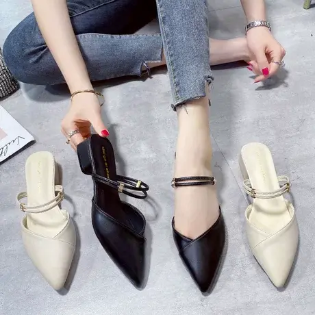 两穿中跟凉拖鞋女时尚外穿2023新款百搭尖头细跟包头穆勒半拖鞋女商品大图