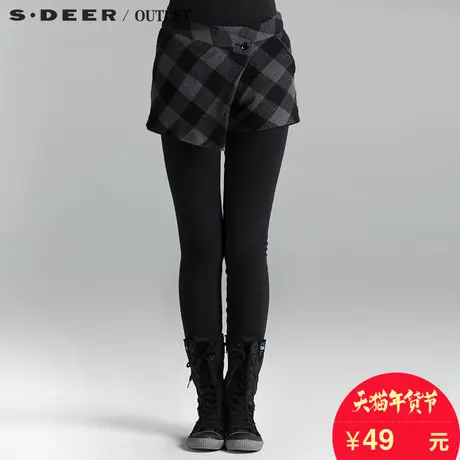 s.deer圣迪奥女装秋冬新款靴裤时尚潮格子毛呢短裤S13480928商品大图