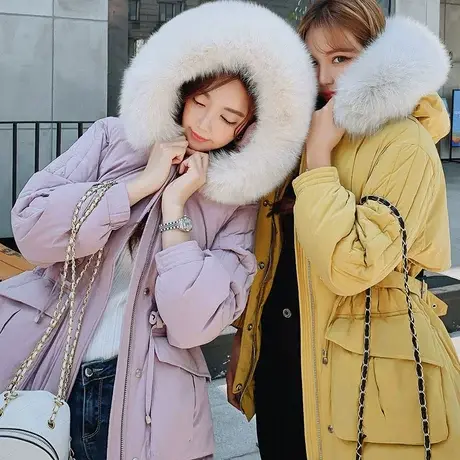 粉红大布娃娃韩版时尚狐狸毛领白鸭绒收腰加厚羽绒服女图片