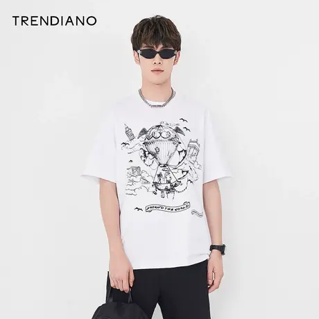 TRENDIANO官方潮牌男装夏季新款男士印花圆领白色短袖质感t恤上衣商品大图