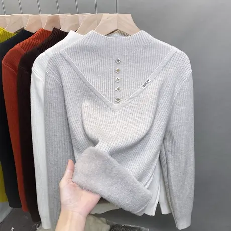 一体绒半高领毛衣女加绒加厚打底衫2023秋冬新款针织衫内搭上衣潮商品大图
