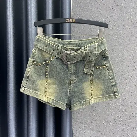 欧货个性铆钉牛仔短裤女24春季新款复古怀旧宽松显瘦a字阔腿热裤商品大图